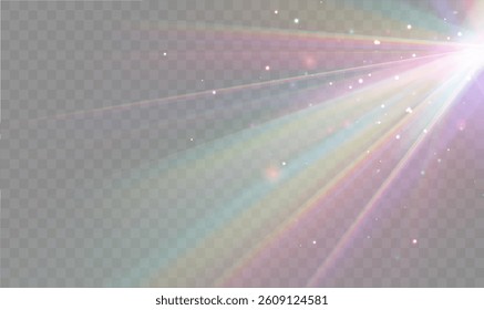 Crystal star. Crystal ray light, sun shines rainbow red yellow and blue color. Optical fire light effect.Sparkle shine. Vector lens glare leakage glare reflection effect. Sunlight	
