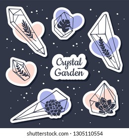 Crystal stickers set with floral elements. Hand drawn gems stickers. Set of hand drawn line Minerals, Crystals, Gems with leaves and succulents. Crystal garden lettering. 