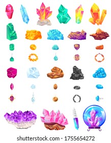 Crystal Stone Gem Vector Illustration Icon Set. Cartoon Flat Crystalline Geological Mineral, Magic Precious Gemstone For Jewellery, Stony Crystallization Of Natural Quartz, Amethyst Isolated On White