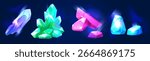 Crystal stone set for game design - glowing gemstone clusters with blue, green and purple facets. Magical mineral formations and fantasy shiny rock shards for treasure loot or cave environment assets.