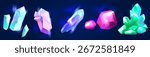 Crystal stone set for game design - glowing gemstone clusters with blue, green and purple facets. Magical mineral formations and fantasy shiny rock shards for treasure loot or cave environment assets.