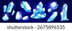 Crystal stone set for game design - glowing gemstone clusters with blue facets, diamonds. Magical mineral formations and fantasy shiny rock shards for treasure loot or cave environment assets.