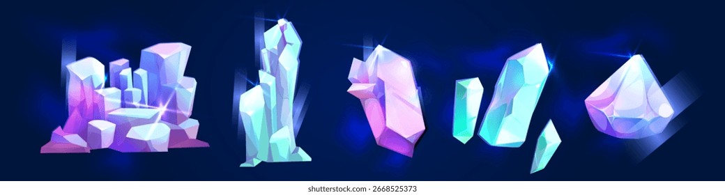 Kristallsteinsatz für das Spieldesign - leuchtende Edelsteincluster mit blauen und violetten Facetten. Zauberhafte Mineralformationen und fantasievolle, glänzende Felssplitter für die Beute von Schätzen oder Höhlenlandschaften.