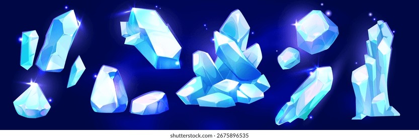 Pedra de cristal definida para o design de jogo - brilhantes aglomerados de pedra preciosa com facetas azuis, diamantes. Formações de minerais mágicos e fragmentos de rocha brilhante de fantasia para tesouros ou ativos de ambiente de cavernas.