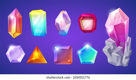 Crystal stone vector crystalline gem and precious gemstone for jewellery illustration set of jewel or mineral stony crystallization of natural quartz isolated on background