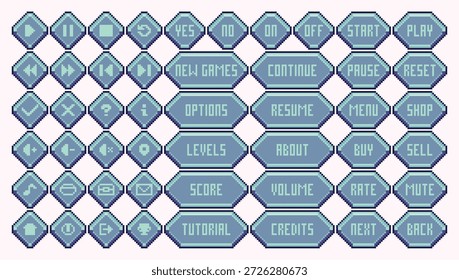 Crystal style pixel buttons designed for game menus, settings, and interactive interfaces