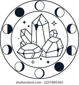 Crystal surrounded by Moon phases astronomy. Vector Illustration on the white background.