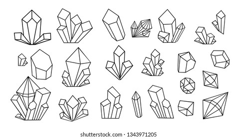 Crystal thin line icons set. Outline sign kit of gemstone. Mineral linear icon collection. Simple crystal black contour symbol with reflection vector Illustration. Hand drawn sketching of crystals.