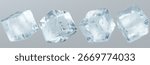 Crystal transparent ice cubes with water drops for cold drink designs. Frozen blocks with realistic reflections and melting droplets. Clear glass like shapes for beverage or cooling graphics.