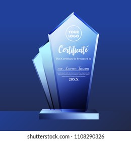 Crystal trophy certificate design template on blue background. Vector Illustration