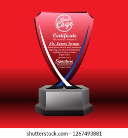 Crystal trophy certificate design template on red background.