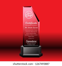 Crystal trophy certificate design template on red background.