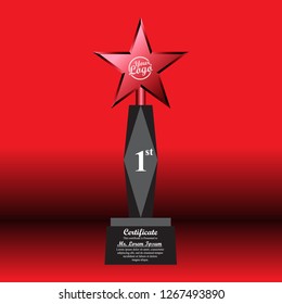 Crystal trophy certificate design template on red background.