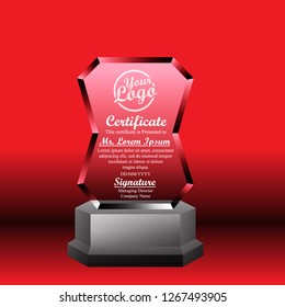 Crystal trophy certificate design template on red background.