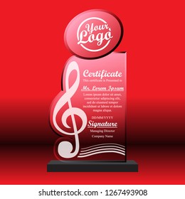 Crystal trophy certificate design template on red background.