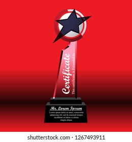 Crystal trophy certificate design template on red background.