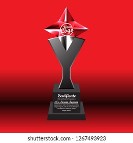 Crystal trophy certificate design template on red background.