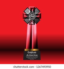 Crystal trophy certificate design template on red background.