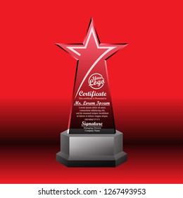 Crystal trophy certificate design template on red background.