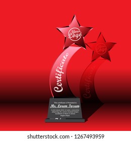 Crystal trophy certificate design template on red background.