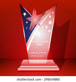 Crystal trophy certificate design template on red background.