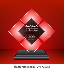 Crystal trophy certificate design template on red background.