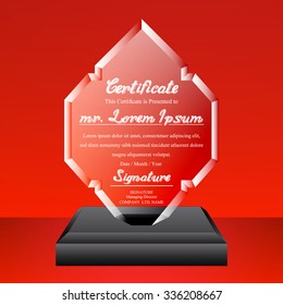 Crystal trophy certificate design template on red background. Vector Illustration