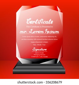 Crystal trophy certificate design template on red background. Vector Illustration