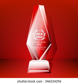 Crystal trophy certificate design template on red background. Vector Illustration