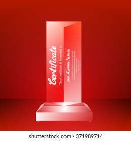 Plantilla de diseño de certificado de trofeo de cristal en fondo rojo. Ilustración vectorial