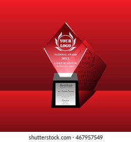 Crystal trophy certificate design template on red background. Vector Illustration