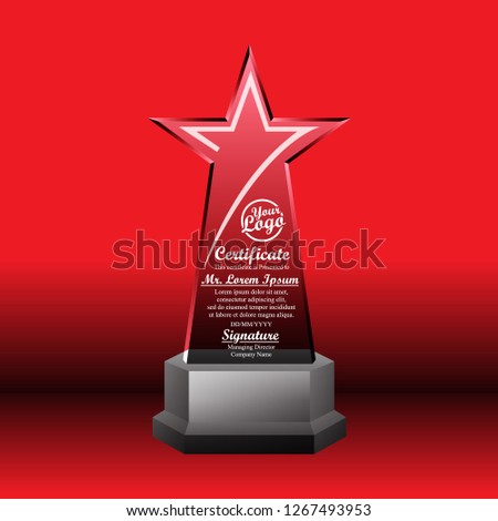 Crystal trophy certificate design template on red background.
