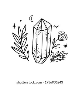 Kristallvektor Handgezeichnete Kunstkristalle Blatt Blume Einfache grafische Edelsteine, isoliertes Himmelselement. Schwarze magische Illustration.