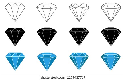 Crystal. Vector icons of the diamonds logo design. A set of diamonds in a flat style. Abstract icons of the black diamond collection. Linear contour sign.