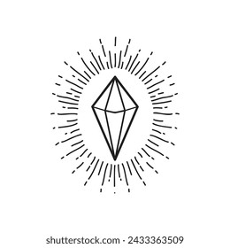Crystal vector illustration, hand drawn celestial boho line art logo, icons and symbol mystic moon tattoo elements for decoration.