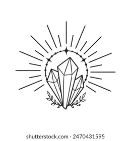 Crystal vector illustration, hand drawn celestial boho line art logo, icons and symbol mystic moon tattoo elements for decoration.