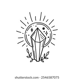 Crystal vector illustration, hand drawn celestial boho line art logo, icons and symbol mystic moon tattoo elements for decoration.