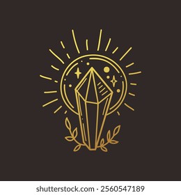 Crystal vector illustration, hand drawn celestial boho line art logo, icons and symbol mystic moon tattoo elements for decoration.