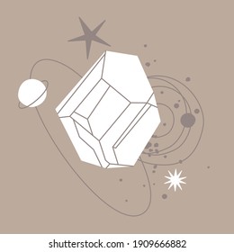 Kristallvektorgrafik mit Mosaikstruktur. Abstrakte moderne geometrische Objekte mit diamantförmigen Kristallen, Edelsteinen, Sternen, Planeten. Alchimie-esoterischer mystischer Zaubertalisman