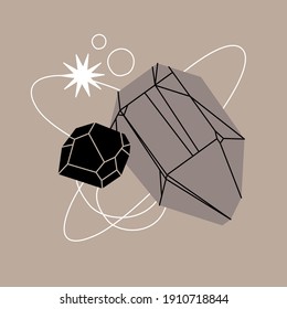 Crystal vector illustration with mosaic texture. Abstract modern geometric objects with diamond shaped, crystals, precious stones, stars, planets. Alchemy esoteric mystical magic celestial talisman