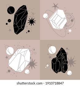Crystal vector illustration with mosaic texture. Abstract modern geometric objects with diamond shaped, crystals, precious stones, stars, planets. Alchemy esoteric mystical magic celestial talisman