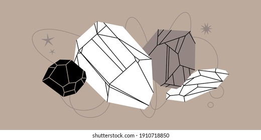 Crystal vector illustration with mosaic texture. Abstract modern geometric objects with diamond shaped, crystals, precious stones, stars, planets. Alchemy esoteric mystical magic celestial talisman