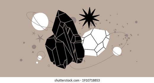 Kristallvektorgrafik mit Mosaikstruktur. Abstrakte moderne geometrische Objekte mit diamantförmigen Kristallen, Edelsteinen, Sternen, Planeten. Alchimie-esoterischer mystischer Zaubertalisman