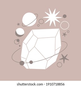 Crystal vector illustration with mosaic texture. Abstract modern geometric objects with diamond shaped, crystals, precious stones, stars, planets. Alchemy esoteric mystical magic celestial talisman