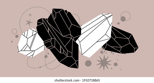 Crystal vector illustration with mosaic texture. Abstract modern geometric objects with diamond shaped, crystals, precious stones, stars, planets. Alchemy esoteric mystical magic celestial talisman
