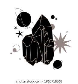 Crystal vector illustration with mosaic texture. Abstract modern geometric objects with diamond shaped, crystals, precious stones, stars, planets. Alchemy esoteric mystical magic celestial talisman