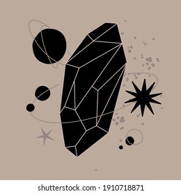 Ilustración vectorial de cristal con textura de mosaico. Resumen de objetos geométricos modernos con forma de diamante, cristales, piedras preciosas, estrellas, planetas. Alquimia esotérica mística magia celestial talismán