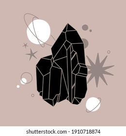 Crystal vector illustration with mosaic texture. Abstract modern geometric objects with diamond shaped, crystals, precious stones, stars, planets. Alchemy esoteric mystical magic celestial talisman