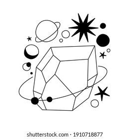 Crystal vector illustration with mosaic texture. Abstract modern geometric objects with diamond shaped, crystals, precious stones, stars, planets. Alchemy esoteric mystical magic celestial talisman