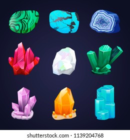 Crystal vector set. Crystalline stone or gem. Precious gemstone. Magic crystals and semiprecious stones vector set. Mineral stony crystallization. Untreated diamond, malachite, turquoise, quartz
